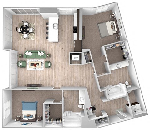 Floor plan for 2 beds, 2.5 baths, 1277 sqft